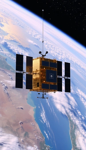 A Spacecraft Is Flying Through The Air, With A Large Satellite Dish On The Bottom