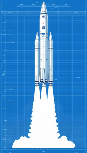 A Rocket Is Shown In A Blue Background, With Its Engine And Booster Visible