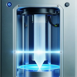A Blue Light Is Shining On A Clear Plastic Object, Which Appears To Be A 3d Printer