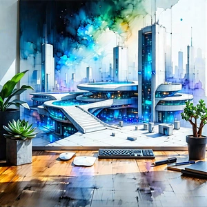 Tech Watercolor Painting: (futuristic:1.11) Tech Startup Office With Futuristic Cityscape