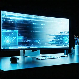 (futuristic:1.41) Digital Workspace With Large Computer