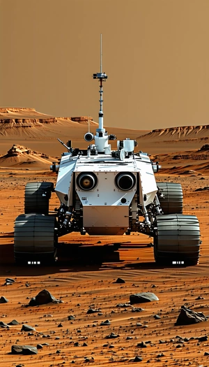 A White Robotic Vehicle With A Large Antenna On Top, Driving Across A Desert Landscape