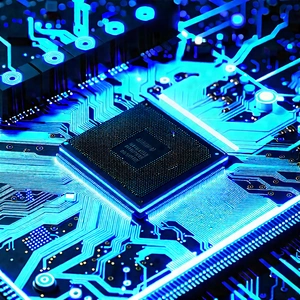 Circuit board with blue light glow