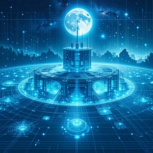 A Futuristic City With A Large, Blue, Illuminated Building In The Center