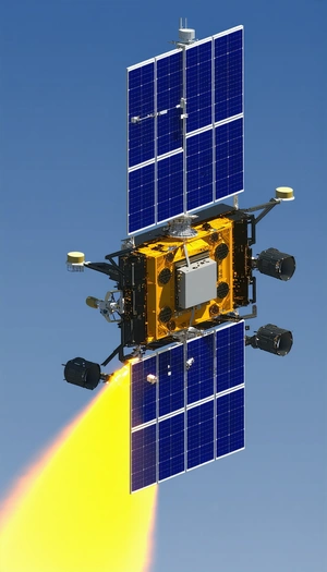 A Spacecraft Is Shown In A Close-up View, With Its Solar Panels And Other Components Clearly Visible