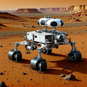 A White Robotic Vehicle With A Large Dome On Top, Sitting On A Rocky Terrain