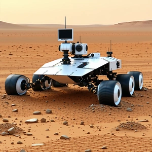 A White Robotic Vehicle With A Camera On Top, Driving Across A Rocky Terrain