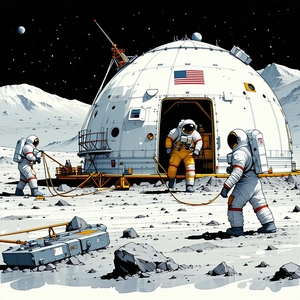 In The Image, There Are Three Astronauts Standing Outside Of A Large White Space Station
