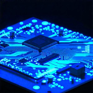 Circuit board with blue light (glow:1.31)
