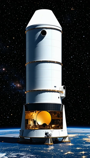 A Large White Rocket Ship, Possibly A Space Shuttle, Sitting In The Middle Of A Dark Sky