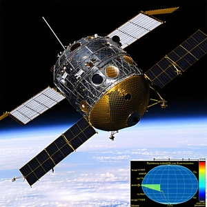 A Space Shuttle Flying Through The Sky, With A Large Satellite Dish On Its Side