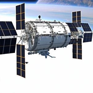 A Large Spacecraft Is Flying Through The Air, With A Large Dome On Top
