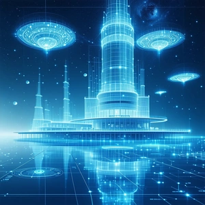 A Futuristic City With A Large, Tall Building That Resembles A Space Station