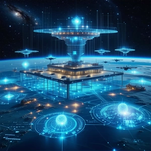 A Futuristic City With A Large, Blue, Circular Building At Its Center