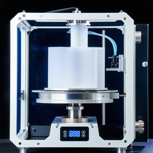 A Large, White, And Blue Machine With A Clear Glass Top
