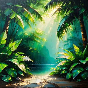 Nature Oil Painting: Tropical plants in natural setting