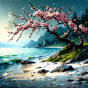 Nature Etching: Cherry Blossoms In Coastal Environment With Beautiful Tree