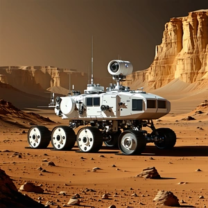 A White Robotic Vehicle, Possibly A Rover, Parked On A Rocky Terrain