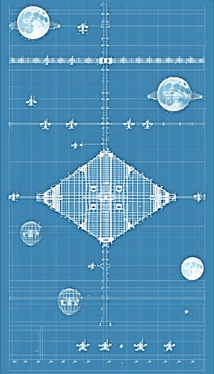 A Blue Drawing Of A Space Station Is Shown, With A Moon And A Few Planets In The Background