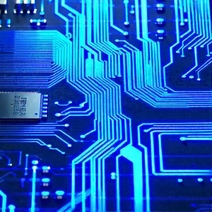 Circuit board with blue light glow