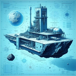 A Large, Futuristic Space Station Is Depicted In A Blue And White Drawing