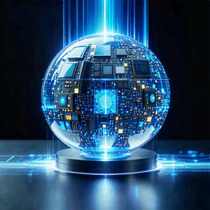 Tech Professional Photography: Quantum Computer With Laser Scanning With Large, Blue,