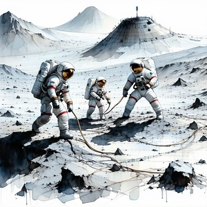 In The Image, There Are Three Astronauts Standing On A Rocky Surface, Possibly On The Moon
