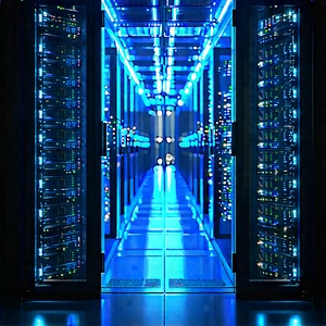 Server rack with blue light glow
