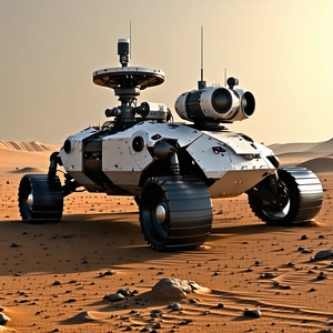 A White Robotic Vehicle Is Parked On A Dirt Surface