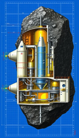 A Large Spacecraft Is Shown In A Drawing, With A Large Rock In The Foreground