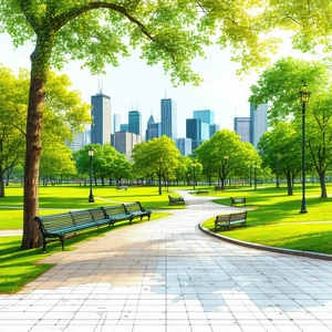 Urban Blueprint Style: City Park With Sightseeing With Park Pathway
