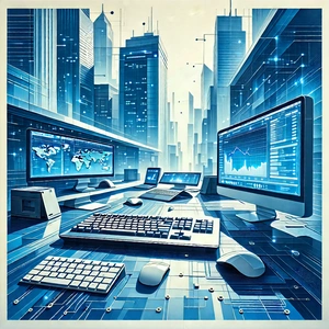 Tech Linocut Print: Financial Technology In Tech Office With Image, There