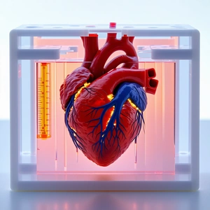 A Heart Is Displayed In A Clear Plastic Container, With A Red And Blue Color Scheme