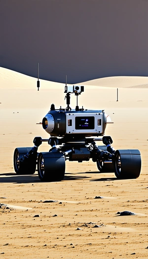 A Robotic Vehicle, Possibly A Rover, Driving Across A Sandy Terrain