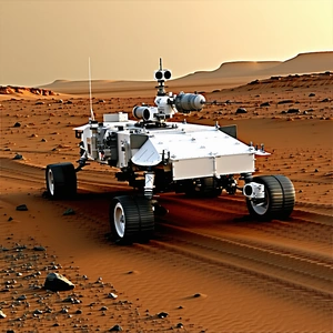 A White Robotic Vehicle, Possibly A Rover, Driving Across A Sandy Terrain