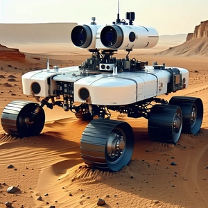 A White Robotic Vehicle Is Sitting On A Sandy Surface, Possibly A Desert