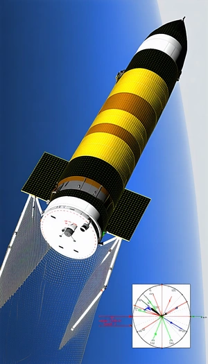 A Spacecraft Is Shown In A Blue Sky, With A Yellow And Black Color Scheme
