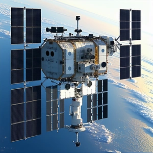 A Large Spacecraft With A White And Blue Color Scheme, Floating In The Sky