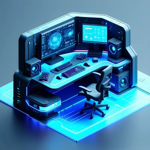 A futuristic computer desk is shown in the image.