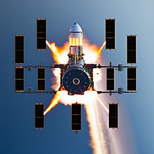 A Space Shuttle With A Rocket Booster Attached To Its Side, Flying Through The Sky