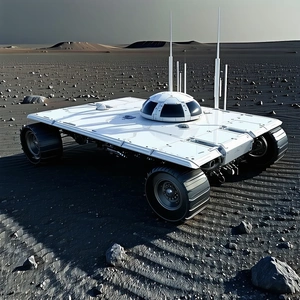 A Futuristic Vehicle, Possibly A Spacecraft Or A Rover, Parked On A Rocky Surface