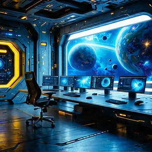Futuristic (digital:1.21) workspace