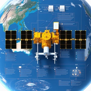 A Yellow Spacecraft With A Large Satellite Dish On Top, Floating In The Air Above A Blue Globe