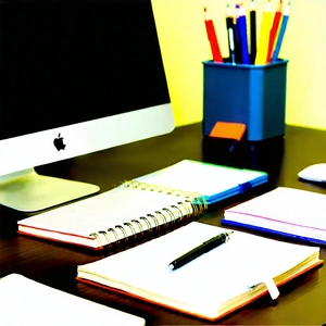 Business Cinema 4D: Workplace with notebooks and pens on desk