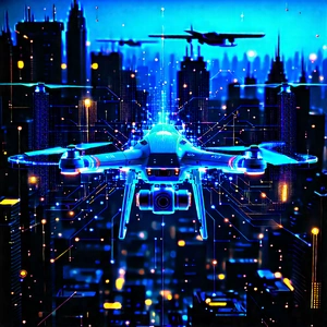 Drone With Data Visualization With Futuristic Cityscape