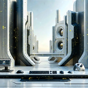 Tech Matte Painting: Futuristic (digital:1.19) workspace