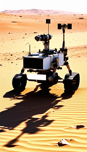 A White Robotic Vehicle, Possibly A Rover, Driving Across A Sandy Terrain