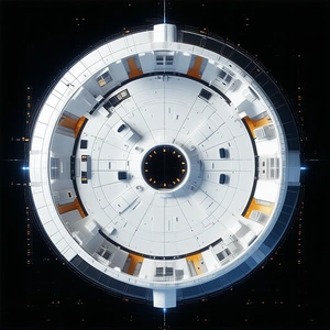 The Image Is A Close-up Of A Large White Spacecraft, Possibly A Space Station Or A Space Shuttle
