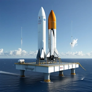A Large White Rocket Ship Floating On Top Of A Platform In The Ocean