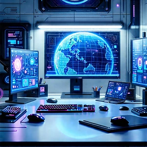 Futuristic (digital:1.43) Workspace With Image, There